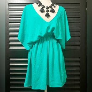 NWT chez Elle Blaque Label Teal Cutout Dress Turquoise Sateen Elastic Waist